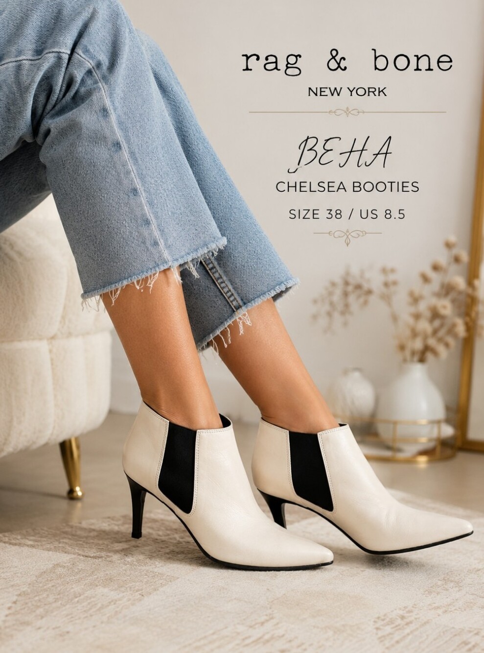 Rag & Bone BEHA Chelsea Booties 38 US 8.5 Ivory Leather Stiletto Heels